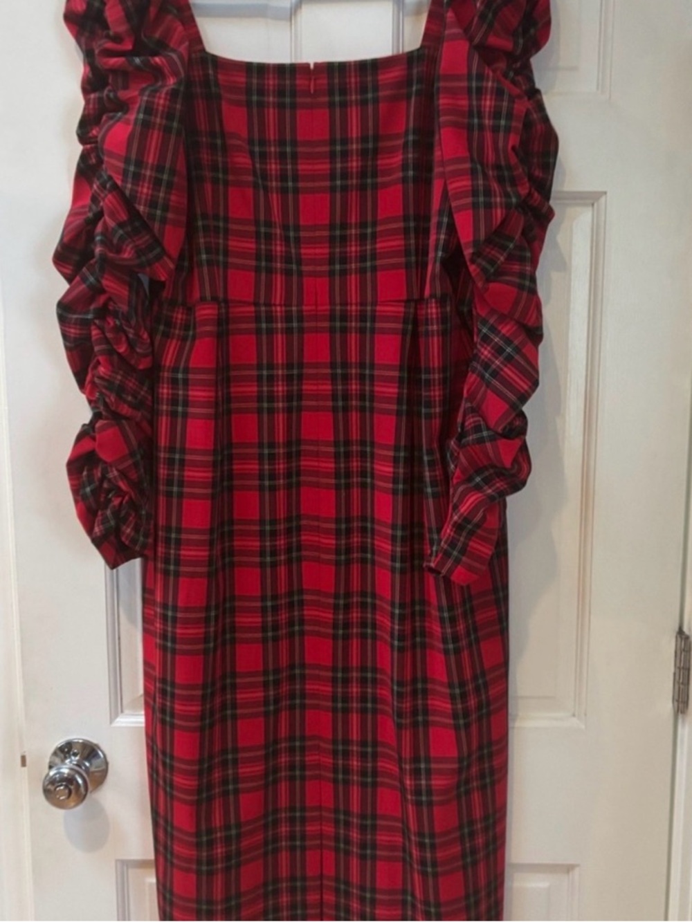 ANTONIO MELANI Red Plaid Square-Neck Midi Dress with Ruched Sleeves - Picture 5 of 5